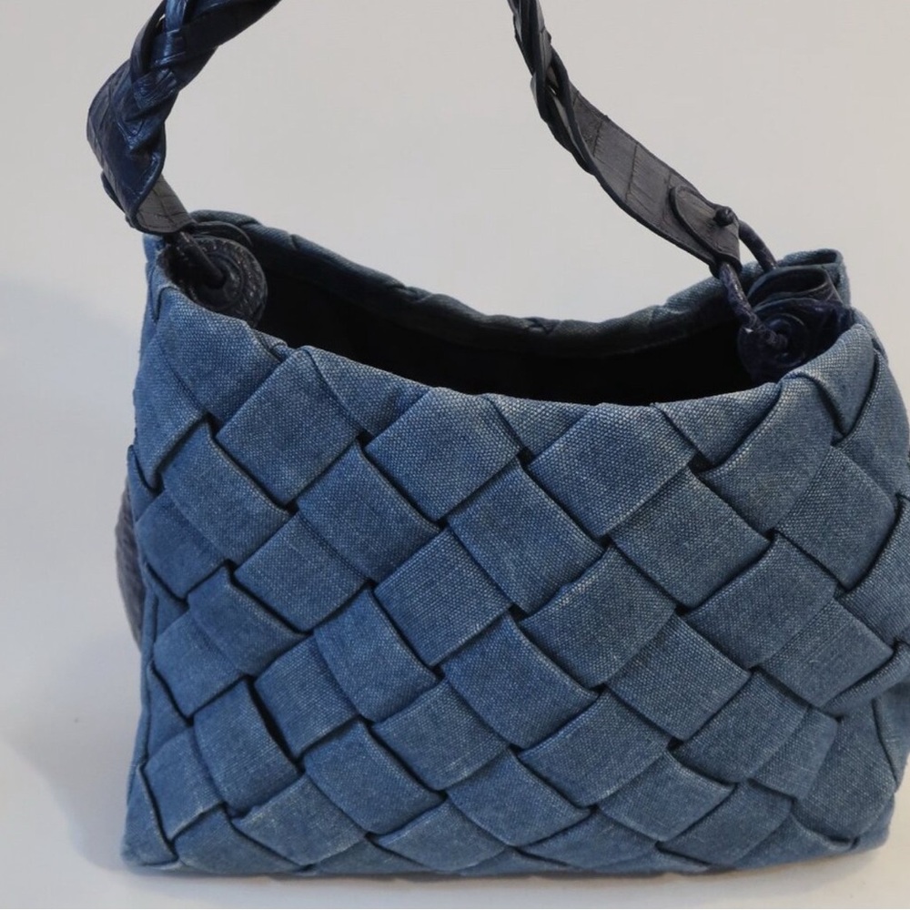 Nancy Gonzalez Denim Blue Woven Handbag with Caiman Crocodile Accents Handbag